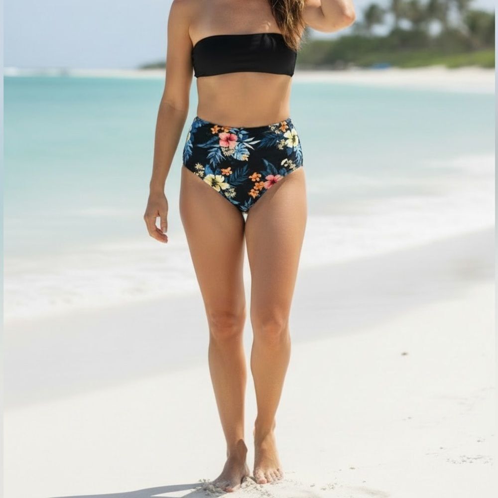 Lands' End Black Tropical Floral High Waist Swim Bottoms, Size XS (2-4),‎ NWT